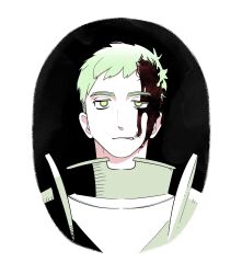 Rule 34 | 1boy, armor, black background, blood, blood on face, closed mouth, dungeon meshi, gradient hair, green eyes, green hair, highres, injury, laios touden, licking lips, looking at viewer, male focus, multicolored hair, pauldrons, portrait, robodumpling, short hair, shoulder armor, simple background, tongue, tongue out, uneven eyes, very short hair