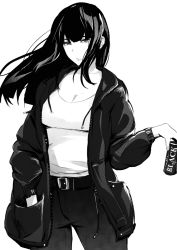 Rule 34 | 1girl, absurdres, belt, belt buckle, black eyes, black hair, black jacket, blunt bangs, breasts, buckle, can, canned coffee, coffee, commentary, cowboy shot, drink can, english commentary, greyscale, halftone, hand in pocket, highres, holding, holding can, jacket, long hair, long sleeves, lynus, monochrome, naoko (lynus), open clothes, open jacket, original, pants, simple background, solo