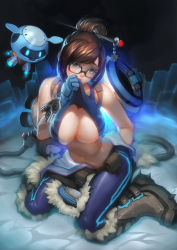Rule 34 | 1girl, areola slip, bag, beads, belt, belt pouch, black-framed eyewear, blizzard (company), blue pants, blue theme, boots, breasts, brown eyes, brown hair, cable, cleavage, clothes lift, coat, covered erect nipples, crying, eyelashes, fur trim, gauntlets, glasses, glowing, hair bun, hair ornament, hair stick, head tilt, highres, large breasts, lifted by self, looking at viewer, machinery, matching hair/eyes, mei (overwatch), navel, no bra, on ground, overwatch, overwatch 1, pants, pouch, red lips, robot, shade, shiny skin, shirt lift, single hair bun, sitting, sleeveless, snowball (overwatch), solo, spikes, stomach, tank top, tears, wariza, wiping tears, xiao duzi