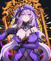 Rule 34 | 1girl, bare shoulders, black gloves, black swan (honkai: star rail), breasts, commentary, covered navel, dress, elbow gloves, gloves, highres, honkai: star rail, honkai (series), large breasts, long hair, looking at viewer, michi (69michichi), pink lips, purple dress, purple eyes, purple hair, sleeveless, sleeveless dress, smile, solo, upper body, veil, very long hair