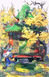 Rule 34 | 1girl, animal, architecture, autumn, autumn leaves, basket, black hair, blue robe, chinese clothes, dappled sunlight, day, dragon, east asian architecture, eastern dragon, flower, frog, garden, giving, hagoromo, hair flower, hair ornament, hair rings, hanfu, highres, holding, holding basket, jizou, lattice, long sleeves, looking at another, looking down, magic iris, moss, mountainous horizon, nature, octopus, open door, original, outdoors, partially submerged, pond, railing, red ribbon, ribbon, robe, rock, sash, scenery, shawl, shrine, standing, statue, sunlight, tassel, tree, veranda, wide sleeves, wind, wooden floor
