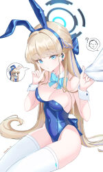 Rule 34 | 1boy, 1girl, absurdres, animal ears, blonde hair, blue archive, blue bow, blue bowtie, blue eyes, blue hair, blue leotard, blush, bodysuit, bow, bowtie, breasts, cleavage, commentary request, covered navel, detached collar, doodle sensei (blue archive), earphones, earrings, fake animal ears, fingernails, halo, hancho, highres, holding, holding cloth, jewelry, large breasts, leotard, long fingernails, long hair, looking at viewer, multicolored hair, parted lips, patting, petting, playboy bunny, rabbit ears, rabbit tail, revision, sensei (blue archive), shirt, simple background, strapless, strapless leotard, streaked hair, tail, thighhighs, toki (blue archive), toki (bunny) (blue archive), twitter username, white background, white shirt, white thighhighs, wrist cuffs