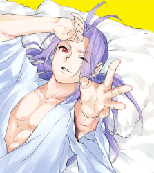Rule 34 | 1boy, antenna hair, blue hair, collarbone, imuro, long hair, looking at viewer, lying, male focus, on back, one eye closed, open clothes, open mouth, outstretched hand, pectorals, pillow, ponytail, red eyes, shishiwakamaru, solo, upper body, yuu yuu hakusho