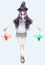Rule 34 | 1girl, alternate costume, blue eyes, capelet, contemporary, crescent, crescent moon, crossed legs, crystal, facing viewer, female focus, full body, gem, hat, high heels, highres, legs, long hair, magic, moon, outstretched arms, patchouli knowledge, purple hair, realistic, ribbon, rock, sandals, shoes, simple background, solo, sousou (sousouworks), standing, touhou, watson cross, witch hat