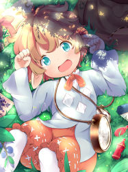 Rule 34 | 10s, 1girl, :d, blue eyes, blue shirt, blush, bottle, child, clock, eyebrows, female focus, granblue fantasy, grass, hair between eyes, harvin, highres, leaf, light brown hair, long sleeves, looking at viewer, lying, makuran, map, on back, open mouth, outdoors, pantyhose, plant, pointy ears, puffy pants, ribbon, shadow, shiny skin, shirt, short hair, sierokarte, smile, solo, sunlight, tareme, white pantyhose