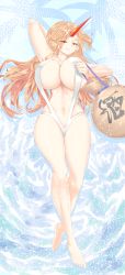 Rule 34 | 1girl, :d, absurdres, alternate costume, arm behind head, barefoot, blonde hair, breasts, cleavage, full body, gourd, highres, holding, horns, hoshiguma yuugi, huge breasts, long hair, looking at viewer, navel, one-piece swimsuit, oni horns, open mouth, red eyes, red horns, slingshot swimsuit, smile, solo, sunnysideup, swimsuit, touhou, white one-piece swimsuit