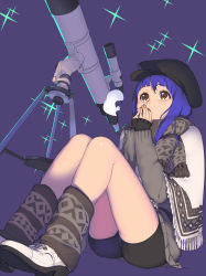 Rule 34 | 1girl, beret, bike shorts, black hat, blanket, blue hair, breath, brown eyes, dutch angle, enkyo yuuichirou, grey scarf, grey sweater, hat, highres, hisho collection, leg warmers, legs together, long sleeves, looking up, own hands together, purple background, scarf, shoes, simple background, sitting, sleeves past wrists, solo, star (symbol), sweater, telescope, white footwear
