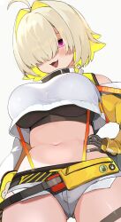 Rule 34 | 1girl, :d, ahoge, black gloves, black sports bra, blonde hair, breasts, clothing cutout, crop top, cropped sweater, elegg (nikke), exposed pocket, gloves, goddess of victory: nikke, grey shorts, hair intakes, hair over eyes, highres, large breasts, long bangs, long sleeves, micro shorts, multicolored clothes, multicolored gloves, multicolored hair, navel, open mouth, purple eyes, shigumano, short hair, shorts, shoulder cutout, smile, solo, sports bra, suspender shorts, suspenders, thigh strap, two-tone hair, yellow gloves