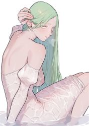 Rule 34 | 1girl, blush, breasts, closed mouth, covered erect nipples, detached sleeves, dress, female focus, fire emblem, fire emblem: three houses, green eyes, green hair, hair behind ear, highres, ikarin, large breasts, lips, long hair, looking at viewer, matching hair/eyes, nintendo, pointy ears, rhea (fire emblem), see-through, simple background, sitting, solo, very long hair, water, wet, wet clothes, white background, white dress