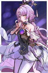 Rule 34 | 1girl, bare shoulders, blush, bow-shaped hair, closed mouth, detached sleeves, dress, forehead jewel, fu xuan (honkai: star rail), hair ornament, hair rings, hair stick, highres, honkai: star rail, honkai (series), jazztaki, jewelry, long hair, looking at viewer, low twintails, miniskirt, pantyhose, parted bangs, pink hair, pink tassel, skirt, solo, tassel, tassel hair ornament, twintails, very long hair, white pantyhose, white skirt, yellow eyes