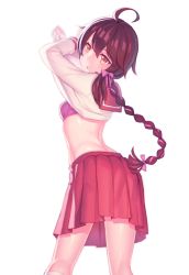 Rule 34 | 1girl, :o, ahoge, blush, bra, braid, braided ponytail, breasts, brown eyes, brown hair, clothes lift, fiodo, from behind, highres, kneepits, long hair, looking at viewer, looking back, matching hair/eyes, midriff, pleated skirt, ponytail, red skirt, sailor collar, shiny skin, shirt lift, single braid, skirt, small breasts, solo, transparent background, underwear, undressing, very long hair, vocaloid, vocanese, yuezheng ling