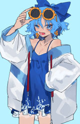 Rule 34 | 1girl, adjusting eyewear, alternate costume, arm up, bad id, bad twitter id, baggy clothes, bare shoulders, black nails, blue background, blue bow, blue eyes, blue hair, blue theme, blush, bow, breasts, cirno, cleavage, commentary request, cowboy shot, drawstring, dress, earrings, eyes visible through hair, eyewear on head, novelty glasses, fang, flower earrings, flower ornament, frilled dress, frills, hair bow, hand on eyewear, hand on headwear, hand on own hip, highres, jacket, jewelry, blue background, long sleeves, looking at viewer, marimo tarou, nail polish, no wings, off shoulder, one eye closed, open mouth, orange-framed eyewear, pinafore dress, round eyewear, short dress, short hair, simple background, sleeveless, sleeveless dress, smile, solo, spaghetti strap, sundress, sunglasses, tan, tanline, tanned cirno, touhou, track jacket