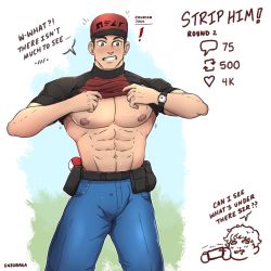 Rule 34 | 1boy, abs, artist name, bara, belt, belt bag, blush, brown hair, clothes lift, courier (pokemon), creatures (company), denim, english text, enzobara, feet out of frame, game freak, green eyes, hand on own hip, hat, highres, jeans, large pectorals, looking at another, looking down, male focus, manly, mature male, meme, muscular, muscular male, nintendo, nipples, pants, pectorals, poke ball, pokemon, pokemon sv, shirt, shirt lift, short hair, simple background, solo, speech bubble, teeth, thick arms, thick eyebrows, tight clothes, white background