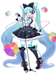 Rule 34 | 1girl, :d, absurdly long hair, black bow, blue eyes, blue hair, blue necktie, blush, boots, bow, fkey, full body, gloves, hair bow, hatsune miku, headphones, high heel boots, high heels, highres, holding, holding microphone, knee boots, long hair, looking at viewer, magical mirai (vocaloid), magical mirai miku, magical mirai miku (2016), microphone, microphone stand, necktie, open mouth, pantyhose, pigeon-toed, platform footwear, shirt, simple background, smile, solo, standing, standing on one leg, studio microphone, twintails, very long hair, vocaloid, white background, white gloves, white pantyhose, white shirt