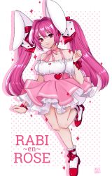 Rule 34 | 1girl, :3, animal ears, arm at side, arm up, artist logo, artist name, bare shoulders, bow, breasts, character name, choker, closed mouth, di gi charat, dice, dice hair ornament, dress, frilled socks, frills, full body, hair between eyes, hair ornament, halterneck, heart, heart-shaped pupils, high heels, highres, large ears, leg up, legs together, long hair, medium breasts, pink background, pink choker, pink dress, pink eyes, pink hair, pink polka dots, polka dot, polka dot background, rabbit ears, red bow, red footwear, red ribbon, ribbon, ribbon choker, shari cote, socks, solo, star (symbol), swept bangs, symbol-shaped pupils, thighs, twintails, two-tone background, underbust, usada hikaru, very long hair, white background, white socks, wrist ribbon