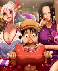 Rule 34 | 1boy, 2girls, anger vein, artist name, biting own finger, black hair, blue eyes, boa hancock, boned meat, breasts, brown eyes, cheek bulge, cleavage, dress, earrings, food, food on face, hat, highres, holding, holding food, hoop earrings, horns, huge breasts, indoors, instagram logo, instagram username, japanese clothes, jealous, jewelry, large breasts, long hair, looking at another, meat, monkey d. luffy, multiple girls, nontraditional miko, one piece, open mouth, purple dress, rakara11 (rakkarts), short hair, snake earrings, straw hat, tankard, teeth, watermark, white hair, yamato (one piece)