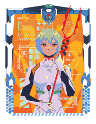 Rule 34 | 1girl, alu, ayanami rei, bident, blue hair, bodysuit, commentary, cowboy shot, english commentary, english text, eva 00, expressionless, holding, holding polearm, holding weapon, interface headset, lance, lance of longinus (evangelion), looking at viewer, neon genesis evangelion, plugsuit, polearm, red eyes, short hair, solo, weapon, white bodysuit