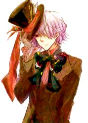 Rule 34 | 00s, 1boy, bad id, bad pixiv id, bow, formal, gloves, hair over one eye, hamayoshi, hat, male focus, pandora hearts, red eyes, short hair, silver hair, solo, top hat, white background, xerxes break
