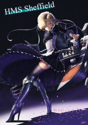 Rule 34 | 1girl, :o, apron, armor, azur lane, blonde hair, boots, braid, breasts, chain, character name, collar, commentary request, cross, dark background, dress, dust, facing away, frills, garter straps, gun, hair over one eye, high heel boots, high heels, highres, itaco, knee boots, knee pads, long sleeves, looking at viewer, looking to the side, maid, maid apron, maid headdress, rigging, serious, sheffield (azur lane), shell, short hair, signature, solo, standing, thighhighs, torpedo, torpedo launcher, torpedo tubes, turret, weapon, white apron, yellow eyes