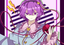 Rule 34 | black hairband, closed mouth, commentary, hairband, heart, komeiji satori, lightning bolt symbol, long sleeves, looking at viewer, purple eyes, purple hair, short hair, smile, souko illust, symbol-only commentary, third eye, touhou, upper body, wide sleeves