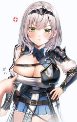 Rule 34 | 1boy, 1girl, :t, absurdres, anger vein, armor, armored dress, belt, belt pouch, blue dress, blush, braid, breastplate, breasts, cape, chest harness, collared dress, commentary request, dress, green eyes, grey hair, hand on own hip, harness, headpiece, highres, hololive, large breasts, leaning forward, looking at viewer, mace, mole, mole on breast, nipple press, nipple stimulation, nitogebeto, pelvic curtain, pleated dress, pouch, pout, shirogane noel, shirogane noel (1st costume), short dress, two-tone dress, virtual youtuber, waist cape, weapon, white cape, white dress