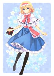 Rule 34 | 1girl, alice margatroid, black footwear, black legwear, blonde hair, blue dress, blue eyes, blue flower, boots, bow, bowtie, capelet, dress, flower, frilled capelet, frilled dress, frilled hairband, frills, full body, hair between eyes, hairband, holding, irino, knee boots, looking at viewer, red bow, red hairband, short hair, smile, solo, touhou, white capelet