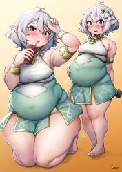 Rule 34 | 1girl, antenna hair, arm up, bare shoulders, big belly, blush, breasts, commentary request, commission, covered navel, dress, drinking, drinking straw, fat, flower, full body, gradient background, grey hair, hair between eyes, hair flower, hair ornament, hand on own stomach, head tilt, highres, holding, kneeling, kokkoro (princess connect!), looking at viewer, medium hair, open mouth, orange background, outline, pink eyes, plump, pointy ears, princess connect!, shadow, shigekikkusu, signature, simple background, skeb commission, skindentation, sleeveless, sleeveless dress, small breasts, standing, sweat, thick arms, thick thighs, thighs, white flower, white outline