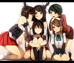 Rule 34 | 10s, 5girls, ^ ^, bare shoulders, black hair, black serafuku, braid, breasts, brown hair, closed eyes, detached sleeves, closed eyes, fusou (kancolle), genyaky, hair ornament, highres, japanese clothes, kantai collection, kneeling, letterboxed, long hair, michishio (kancolle), mogami (kancolle), multiple girls, nontraditional miko, open mouth, personification, red eyes, school uniform, serafuku, shigure (kancolle), short hair, sitting, skirt, smile, suspenders, twintails, yamashiro (kancolle), yuri