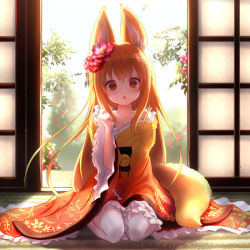 Rule 34 | 1girl, animal ears, artist request, collarbone, dress, flower, flower on head, fox ears, fox girl, fox tail, frilled dress, frills, garden, hair ornament, indoors, japanese clothes, kimono, kneeling, long hair, looking at viewer, open mouth, orange eyes, orange hair, original, pantyhose, red hair, solo, tail, tatami, very long hair, white pantyhose