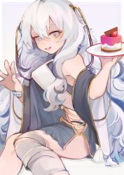 Rule 34 | 1girl, aaoshigatoutoi, bandaged leg, bandages, blush, cake, commentary, dated commentary, dress, food, fruit, girls&#039; frontline, grey background, grey eyes, hair between eyes, highres, holding, holding food, holding plate, long hair, looking at viewer, open mouth, plate, ribeyrolles (girls&#039; frontline), simple background, sitting, sleeveless, smile, solo, strawberry, very long hair, wavy hair, white hair