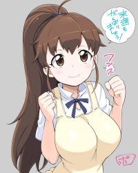 Rule 34 | 1girl, apron, bowieknife, breasts, brown eyes, brown hair, clenched hands, collared shirt, female focus, forearms at chest, grey background, impossible clothes, large breasts, long hair, ponytail, shirt, simple background, smile, solo, speech bubble, taneshima popura, working!!