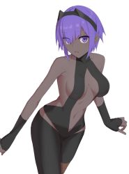 Rule 34 | 1girl, bare shoulders, black gloves, black hairband, black leotard, breasts, center opening, collarbone, dark-skinned female, dark skin, elfenlied22, fate/prototype, fate/prototype: fragments of blue and silver, fate (series), fingerless gloves, gloves, hair between eyes, hairband, hassan of serenity (fate), highres, large breasts, leggings, leotard, looking at viewer, medium breasts, navel, open mouth, purple eyes, purple hair, short hair, simple background, solo, white background