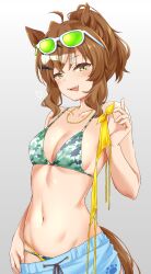 Rule 34 | 1girl, absurdres, ahoge, animal ears, bare shoulders, bikini, blue shorts, breasts, brown hair, camouflage, camouflage bikini, cleavage, clothes pull, commentary request, cowboy shot, eyewear on head, grey background, hair ornament, highres, horse ears, horse girl, horse tail, jewelry, jungle pocket (tobasuze hot summer!) (umamusume), jungle pocket (umamusume), looking at viewer, medium breasts, medium hair, navel, necklace, ponytail, ryochapu, shorts, shorts pull, simple background, solo, sunglasses, swimsuit, tail, umamusume, x hair ornament, yellow eyes