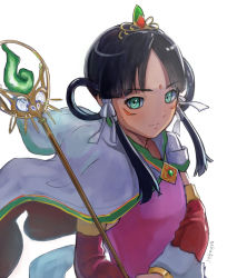 Rule 34 | 1girl, ace attorney, artist name, bad id, bad pixiv id, black hair, blunt bangs, blush, brooch, cape, closed mouth, detached sleeves, dress, facial mark, female focus, flat chest, forehead mark, green eyes, hair ribbon, hair rings, holding, holding staff, jewelry, light blush, long hair, looking at viewer, nakaakii, parted bangs, phoenix wright: ace attorney - spirit of justice, pink dress, rayfa padma khura&#039;in, red sleeves, ribbon, sidelocks, signature, simple background, sleeveless, sleeveless dress, solo, staff, standing, tiara, two-sided cape, two-sided fabric, upper body, white background, white cape, white ribbon