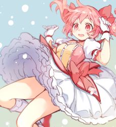 Rule 34 | 1girl, bare legs, bobby socks, bow, breasts, bubble skirt, buttons, center frills, choker, collarbone, dot nose, facing viewer, frilled skirt, frilled sleeves, frilled socks, frills, gloves, hair between eyes, hair ribbon, hands up, highres, jumping, kaname madoka, knees up, layered skirt, light blue background, light blush, looking away, mahou shoujo madoka magica, mahou shoujo madoka magica (anime), paragasu (parags112), parted lips, pink bow, pink eyes, pink hair, pink ribbon, polka dot, polka dot background, puffy short sleeves, puffy sleeves, red choker, ribbon, short sleeves, short twintails, simple background, skirt, small breasts, socks, solo, soul gem, tareme, thighs, twintails, waist bow, white gloves, white skirt, white socks