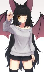 Rule 34 | 1girl, absurdres, animal ears, bat ears, bat wings, batatvideogames, black nails, black shorts, black thighhighs, claw pose, closed mouth, cowboy shot, fangs, fangs out, fingernails, grey sweater, hand up, highres, indie virtual youtuber, long hair, looking at viewer, messy hair, moriko kyoho, nail polish, off-shoulder sweater, off shoulder, one eye closed, shorts, simple background, smile, solo, standing, sweater, thighhighs, twitter username, very long hair, virtual youtuber, white background, wings, yellow eyes, yoako