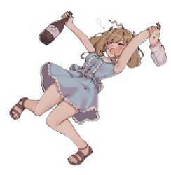 Rule 34 | 1boy, 1girl, 1other, ^ ^, aa211108, ahoge, alcohol, armpits, bare arms, bare legs, blue shirt, blue skirt, blush, bottle, breasts, brown footwear, brown hair, center frills, closed eyes, disembodied hand, dress, drunk, expressive hair, eyelashes, frills, holding, holding another&#039;s wrist, holding bottle, idolmaster, idolmaster cinderella girls, idolmaster cinderella girls starlight stage, lace, lace-trimmed dress, lace trim, light blue dress, light brown hair, long hair, medium breasts, open mouth, producer (idolmaster), sake bottle, sandals, sato shin, shirt, sidelocks, simple background, skirt, sleeveless, sleeveless shirt, smile, solo focus, squeans, sweatdrop, swept bangs, toes, twintails, wavy ahoge, white background