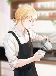 Rule 34 | 1boy, 2vxzlkj23ogfsf, ace of diamond, apron, black apron, blonde hair, blue eyes, blurry, blurry background, closed mouth, cup, highres, holding, holding cup, holding teapot, male focus, okumura koushuu, shirt, short hair, sleeves rolled up, solo, teapot, white shirt