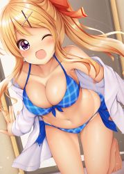 Rule 34 | 1girl, ;d, armpits, bare legs, bare shoulders, barefoot, bikini, blonde hair, blue bikini, blush, bow, breasts, cleavage, collarbone, commentary request, dutch angle, front-tie bikini top, front-tie top, groin, hair bow, hair ornament, hairclip, highres, jacket, kin-iro mosaic, kujou karen, large breasts, long hair, minato ojitan, navel, off shoulder, one eye closed, one side up, open clothes, open jacket, open mouth, plaid, plaid bikini, purple eyes, red bow, sidelocks, smile, solo, standing, standing on one leg, swimsuit, very long hair, white jacket, x hair ornament