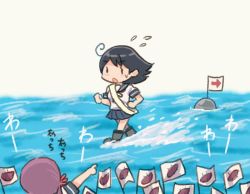 Rule 34 | 2girls, ahoge, akebono (kancolle), black hair, buoy, comic, commentary request, flag, flower, flying sweatdrops, food, hair flower, hair ornament, kantai collection, long hair, multiple girls, open mouth, pleated skirt, pointer, pointing, purple hair, saiguchi otoufu, school uniform, serafuku, shoes, short sleeves, side ponytail, skirt, standing, standing on liquid, sweatdrop, sweet potato, translation request, ushio (kancolle)