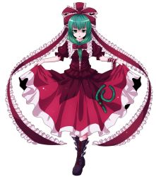 Rule 34 | 1girl, arm ribbon, boots, clothes lift, curtsey, depressed, dress, dress lift, female focus, front ponytail, green eyes, green hair, hair ribbon, highres, kagiyama hina, matching hair/eyes, nikka (cryptomeria), open mouth, red dress, ribbon, skirt hold, solo, standing, touhou, transparent background