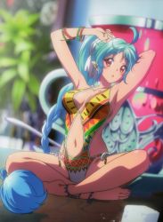 Rule 34 | 1girl, :o, ahoge, anklet, aqua hair, armpits, arms up, bare shoulders, barefoot, blurry, bracelet, braid, braided ponytail, breasts, breasts apart, cleavage, crossed legs, dark-skinned female, dark skin, day, depth of field, full body, hair ornament, high ponytail, highres, indian style, jewelry, long hair, long legs, looking at viewer, mini person, minigirl, multicolored clothes, multicolored swimsuit, musaigen no phantom world, navel, official art, one-piece swimsuit, open mouth, outdoors, parted bangs, plant, pointy ears, red eyes, ruru (phantom world), saucer, scan, side-tie swimsuit, single braid, sitting, skindentation, solo, spread legs, sugar cube, surprised, swimsuit, very long hair, waifu2x, wide-eyed