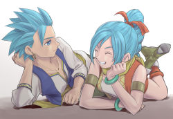 Rule 34 | 1boy, 1girl, alternate costume, armlet, blue eyes, blue hair, boots, bracelet, brother and sister, camus (dq11), closed eyes, collarbone, dragon quest, dragon quest xi, earrings, eyelashes, grin, hair ribbon, happy, headrest, high ponytail, highres, jewelry, looking to the side, lying, maya (dq11), on side, on stomach, pekuchin (pekuchin 3), ribbon, shorts, siblings, sleeveless, smile, spiked hair, vest