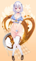 Rule 34 | 1girl, azur lane, bare shoulders, between legs, between thighs, blue bow, blue choker, blue hairband, blush, bottomless, bow, bow choker, breasts, brown footwear, carrot, choker, cleavage, collarbone, covering crotch, covering privates, curry, embarrassed, food, frilled wrist cuffs, frills, full body, gradient background, groin, hair between eyes, hair intakes, hairband, hand between legs, knife, large breasts, legs together, loafers, looking at viewer, navel, open mouth, orange background, pink background, potato, raised eyebrows, red eyes, ribbon, rice, shoes, short hair, silver hair, sirius (azur lane), solo, spoon, standing, thighhighs, thighs, tomosuke, wavy mouth, white thighhighs, wrist cuffs, yellow ribbon
