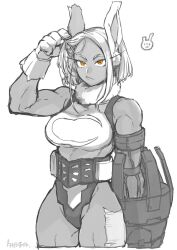 Rule 34 | 1girl, :&lt;, animal ears, bare shoulders, boku no hero academia, breasts, crescent print, cropped legs, fur collar, gloves, greyscale, hand up, highleg, highleg leotard, highres, holding, holding hair, large breasts, leotard, long eyelashes, mechanical arms, mirko, monochrome, rabbit ears, rabbit girl, red eyes, short hair, single mechanical arm, solo, spot color, takatsuki ichi, taut leotard, thighs, toned