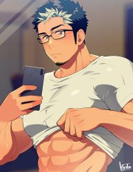 Rule 34 | 1boy, abs, bara, black-framed eyewear, black hair, blush, clothes lift, facial hair, glasses, goatee, grey hair, highres, holding, holding phone, kiri futoshi, large pectorals, lifting own clothes, long sideburns, male focus, mature male, midriff, mirror image, multicolored hair, muscular, muscular male, original, pectorals, phone, selfie, shiny skin, shirt, shirt lift, short hair, sideburns, solo, stomach, streaked hair, taking picture, thick eyebrows, tight clothes, tight shirt, upper body, white shirt