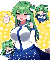 Rule 34 | 1girl, absurdres, bare shoulders, blue skirt, blush, breasts, closed mouth, detached sleeves, fang, frog hair ornament, gohei, green eyes, green hair, hair between eyes, hair ornament, hair tubes, heart, highres, holding, holding gohei, japanese clothes, kochiya sanae, large breasts, long hair, multiple views, nontraditional miko, one eye closed, open mouth, skirt, snake hair ornament, spoken heart, tongue, tongue out, touhou, white sleeves, wide sleeves, you (noanoamoemoe)