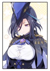 Rule 34 | 1girl, black corset, black hair, blue cape, blue hat, breasts, cape, clorinde (genshin impact), closed mouth, corset, epaulettes, genshin impact, gloves, hat, hat feather, highres, kabu usagi, large breasts, long hair, purple eyes, solo, tricorne, upper body, vision (genshin impact), white gloves