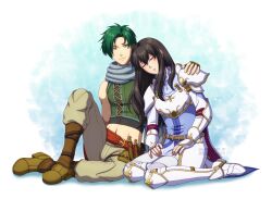 Rule 34 | 1boy, 1girl, absurdres, adricarra, armor, astrid (fire emblem), black hair, breastplate, closed eyes, commission, commissioner upload, couple, fire emblem, fire emblem: radiant dawn, full body, green hair, green vest, hand on another&#039;s shoulder, head on another&#039;s shoulder, hetero, highres, long hair, looking at another, nintendo, pauldrons, shoulder armor, sitting, sleeping, smile, sothe (fire emblem), vest, yellow eyes