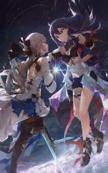Rule 34 | 2girls, black footwear, black shorts, black thighhighs, boots, bronya rand, commentary, covered navel, dress, grey eyes, grey hair, high heels, highres, holding, holding polearm, holding weapon, honkai: star rail, honkai (series), jushoro, leotard, long hair, looking at another, multiple girls, polearm, purple eyes, purple hair, seele (honkai: star rail), short shorts, shorts, spear, thigh boots, thighhighs, weapon, white dress, white leotard
